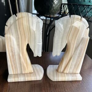 Vintage Mid Century Alabaster and Marble Cream Horse Head Sculpture Bookends